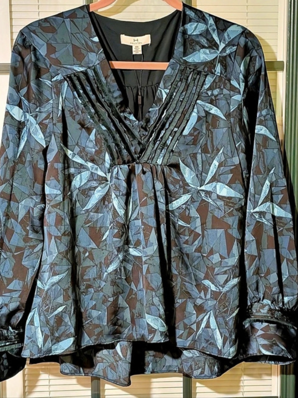 Halston Greene Street Peacock Leaves LS Blouse Blue & Black M Elegant Dressy